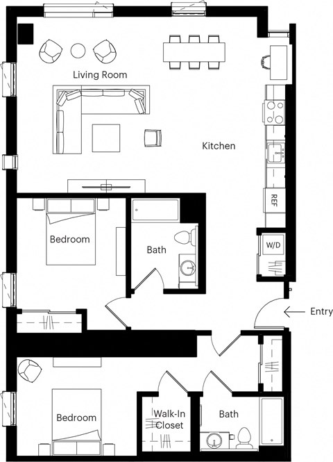 Floor plan for 2 beds, 2 baths, 1146 sqft